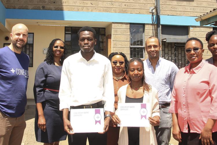 Conexus Community Scholarship recipients Joshua Kipsambu and Mercy Mukungu with Conexus CEO Mr. Andrew Moreton and Executive VP Mr. Vasco Lopes da Silva, Departmental Chair, Prof. Emmah Matheka, and Dr. Grace Ngaruiya and Conexus community representatives. 