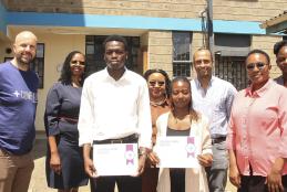 Conexus Community Scholarship recipients Joshua Kipsambu and Mercy Mukungu with Conexus CEO Mr. Andrew Moreton and Executive VP Mr. Vasco Lopes da Silva, Departmental Chair, Prof. Emmah Matheka, and Dr. Grace Ngaruiya and Conexus community representatives. 