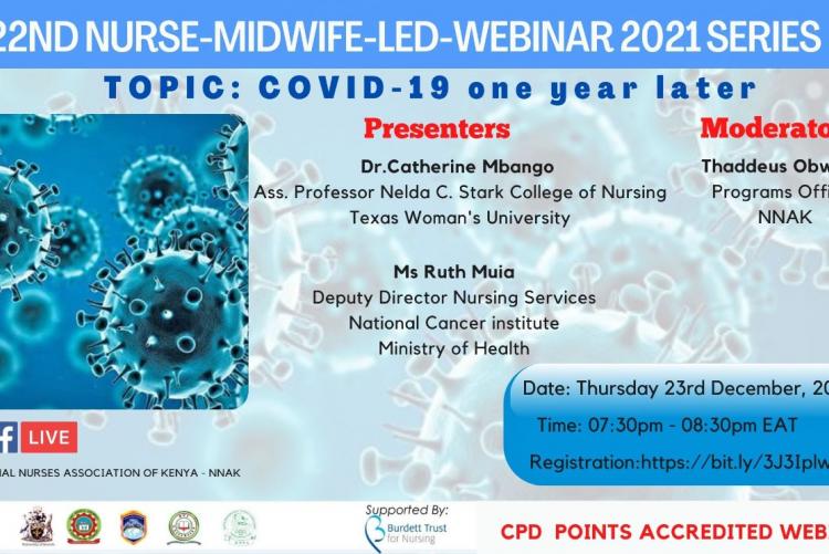 COVID-19 one year later webinar poster.