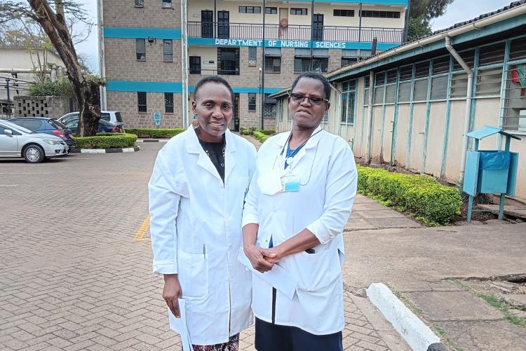 Prof. Monica Onyango (L) and Prof. Miriam Wagoro (R) when she visited the Department of Nursing Sciences.