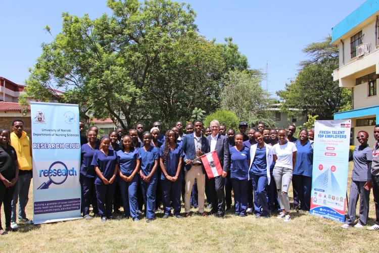 A group photo of nursing students who attended a career talk on international nursing opportunities in Austria.