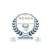 NUNSA logo featuring a shield with three gold stars, the word “NUNSA” at the top, a book and stethoscope symbol in the center, and the words “QUALITY HEALTH CARE” across the middle. The shield is framed by laurel branches and a ribbon banner below reads “PROFESSIONALISM”.
